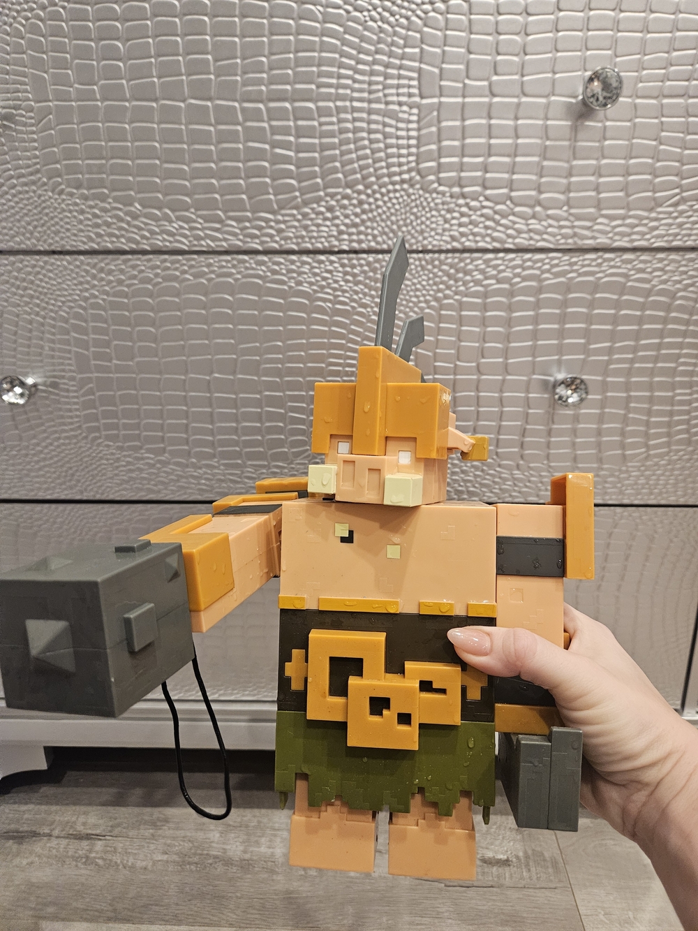 Blocky Viking Figure Toy with Orange Helmet and Green Belt - Picture 2 of 4
